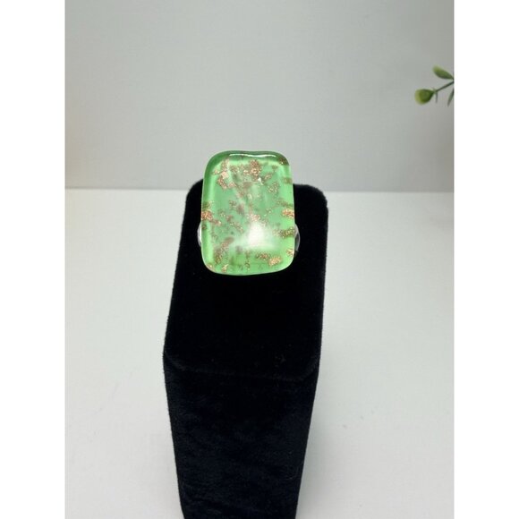 Murano Glass Ring Green Gold Flecks Rectangular Statement Ring Size 8 Pretty - Picture 10 of 10